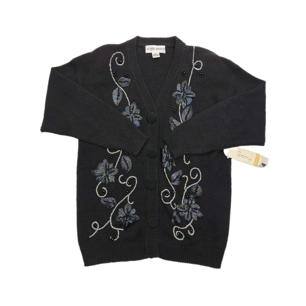 Victoria Harbour Beaded Cardigan Sweater Black Women Large Shoulder Pads Vintage